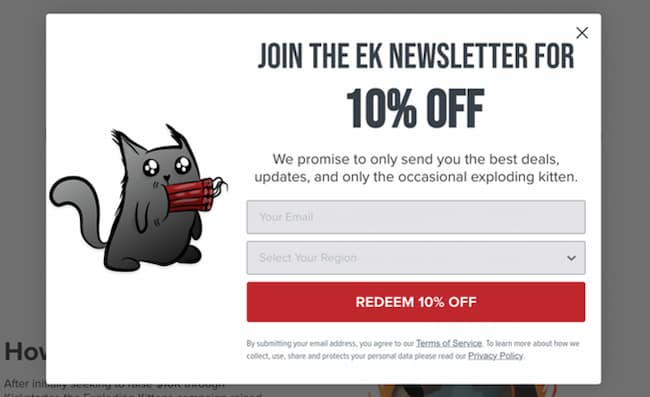 Exemple de formulaire pop-up d'Exploding Kittens.
