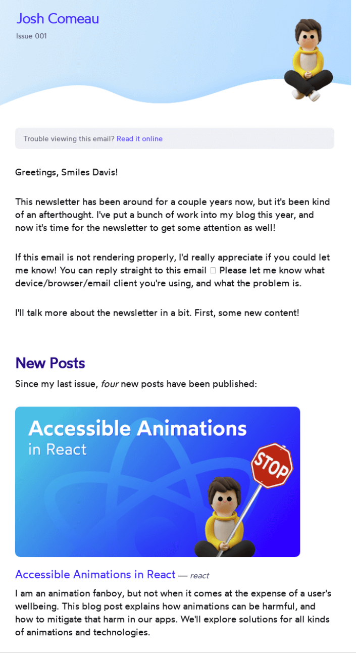 Josh Comeau newsletter example.