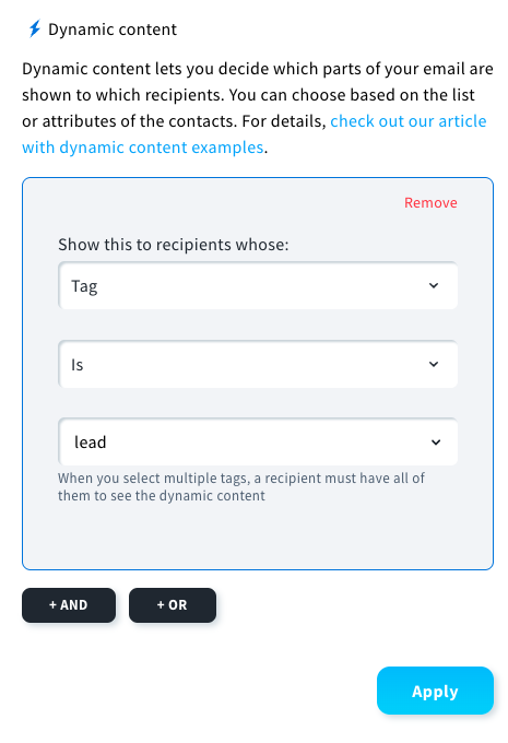 Personalizing the email element to the recipients with the tag 'lead'