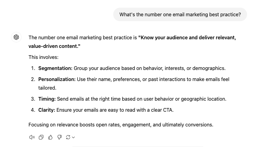 creenshot of an email marketing tip: 'The number one email marketing best practice is "Know your audience and deliver relevant, value-driven content."' Followed by detailed points: segmentation, personalization, timing, and clarity, emphasizing relevance for better engagement and conversions.