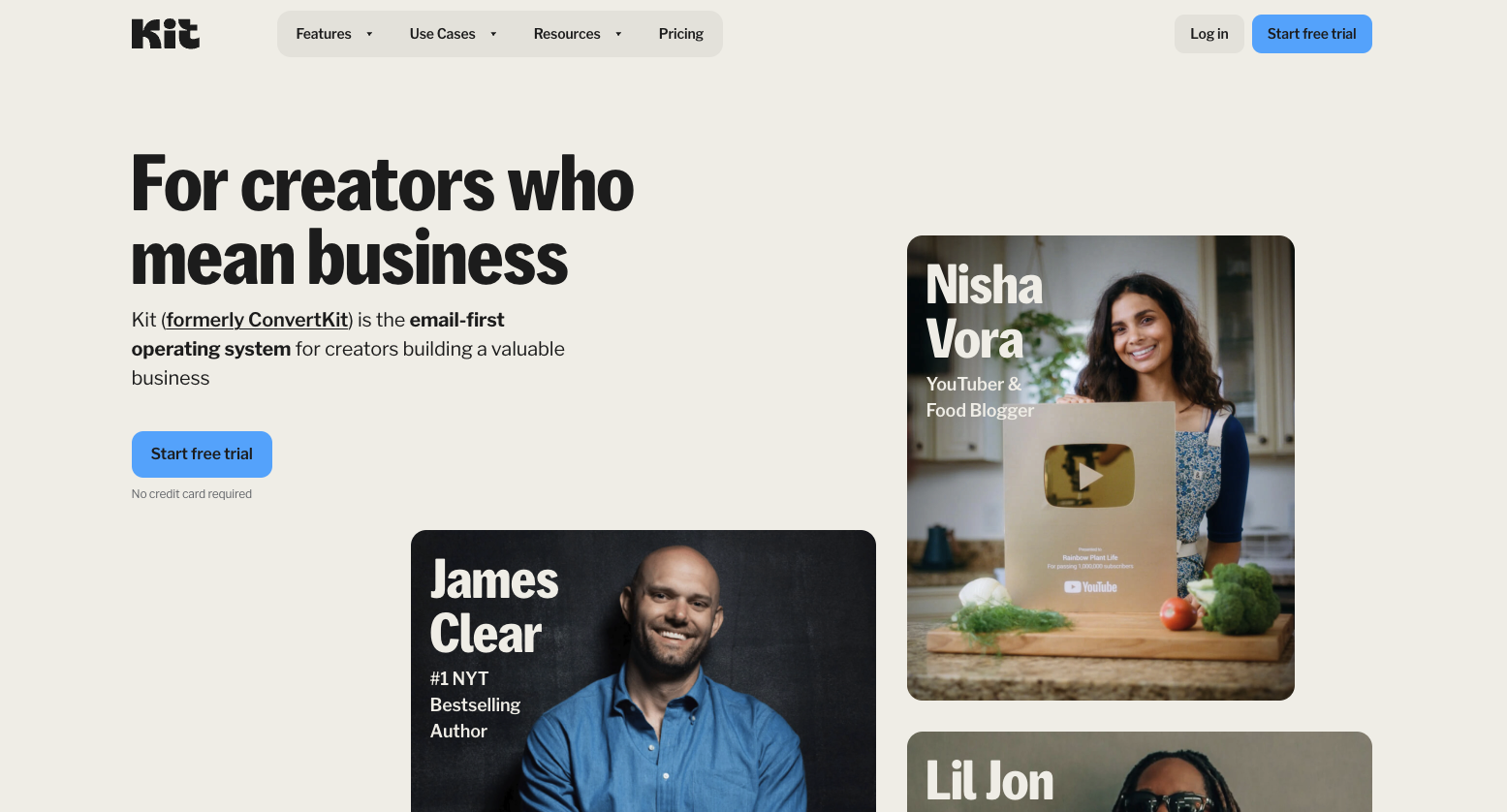 Kir (Formerly Convertkit) Homepage promoting a free trial for creators who mean business