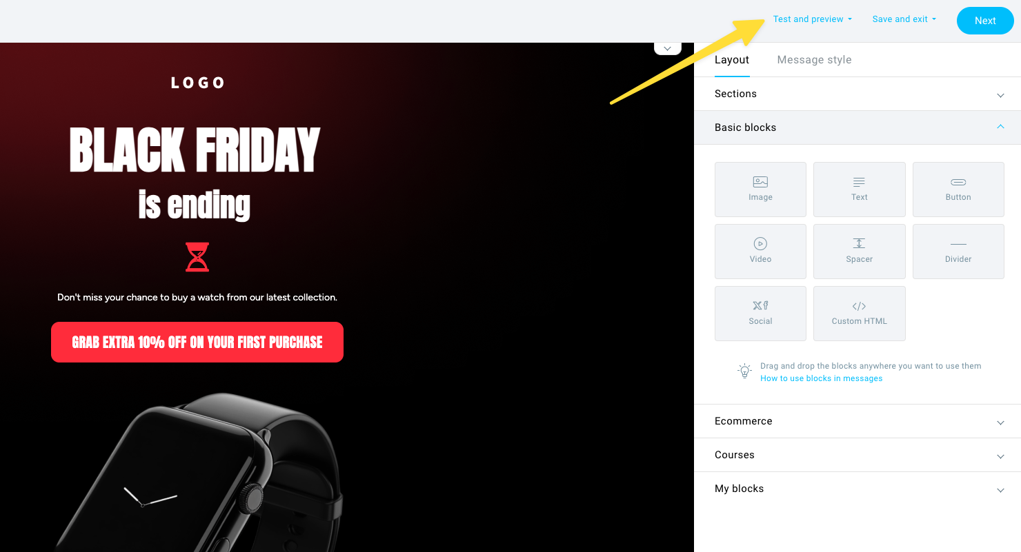 Accessing the Test and preview function in the GetResponse email editor